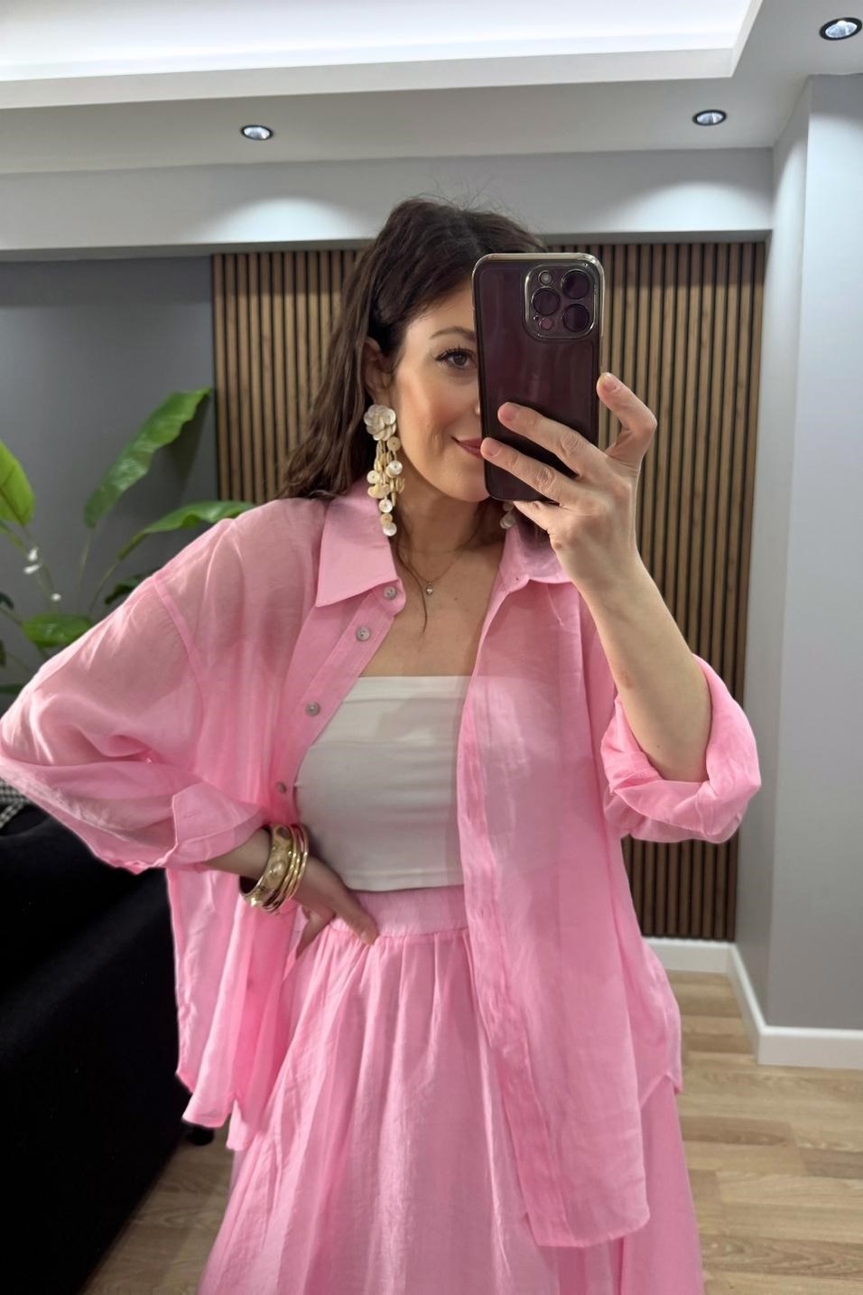 Gömlekİpeksi Dokulu Oversize Gömlek Pembe