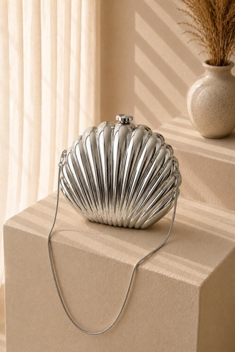 Gömlekİstiridye Clutch Metal Şık Çanta Silver
