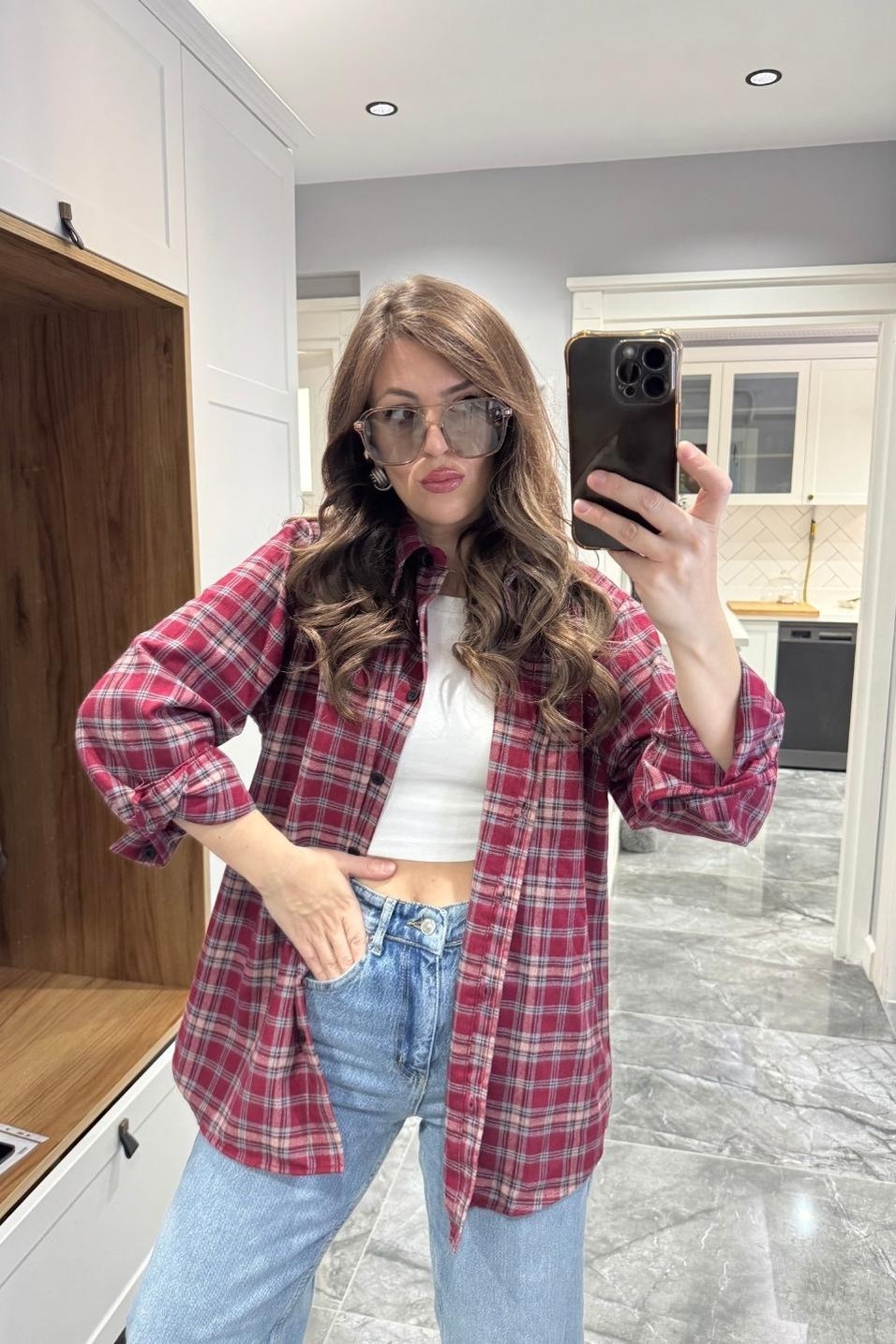 GömlekPremium Ekose Gömlek Bordo-Gri