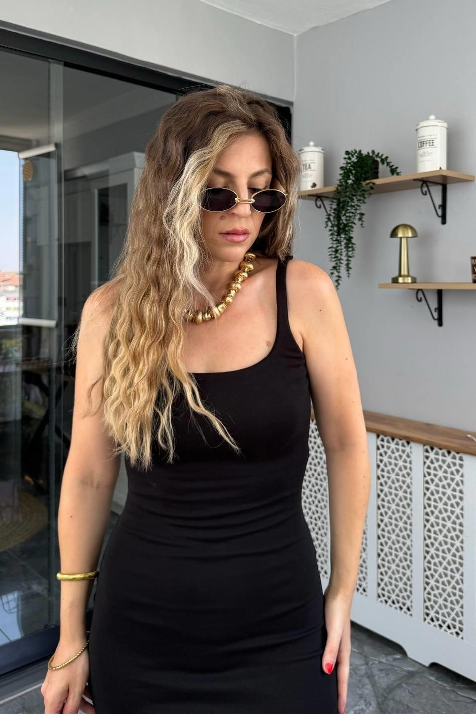 Günlük ElbiseAskılı Kare Yaka Midi Elbise Siyah