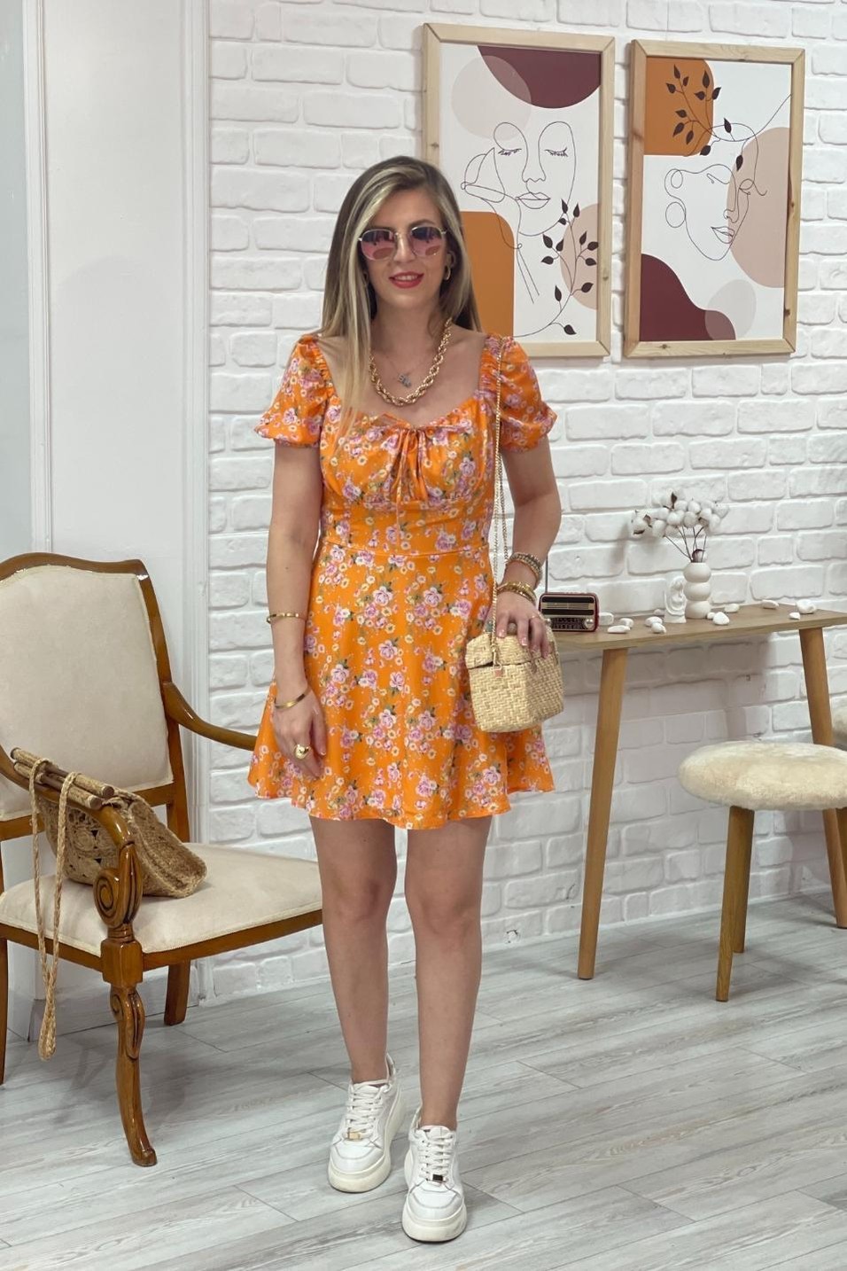 Günlük ElbiseÇiçek Desenli Elbise Turuncu