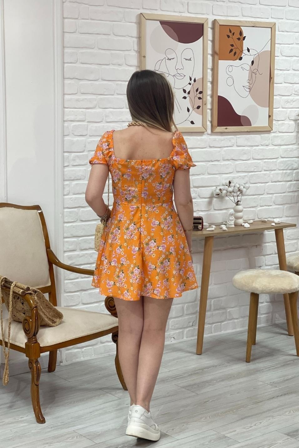 Günlük ElbiseÇiçek Desenli Elbise Turuncu