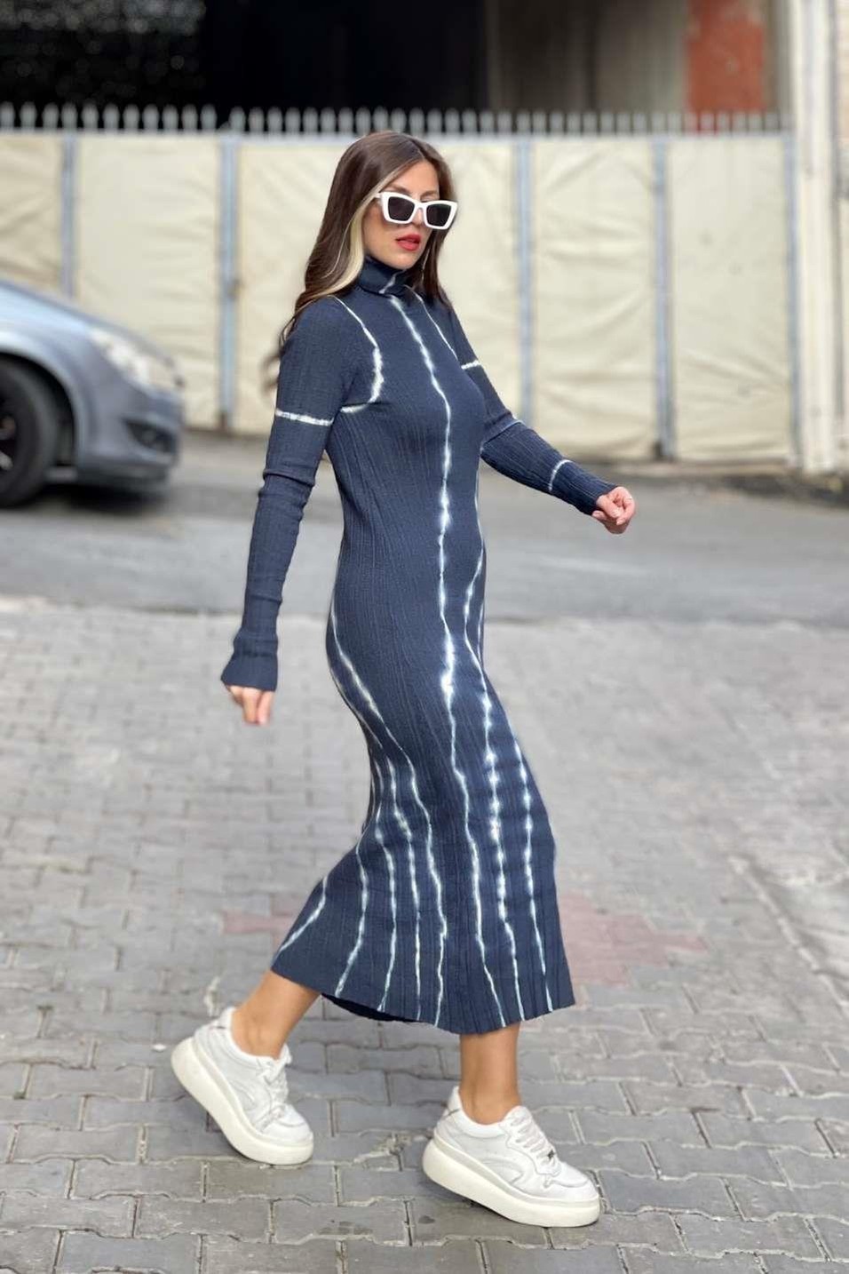 Günlük ElbiseDilvin Balıkçı Yaka Batik Elbise Lacivert