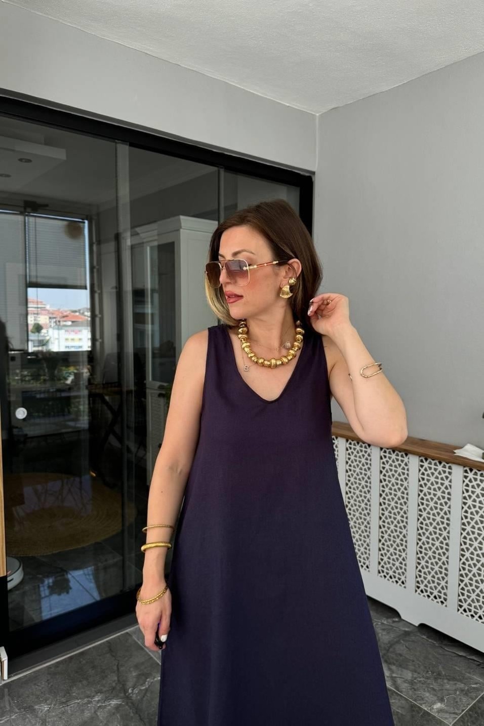 Günlük ElbiseKeten Ön Arka V Yaka Elbise Lacivert