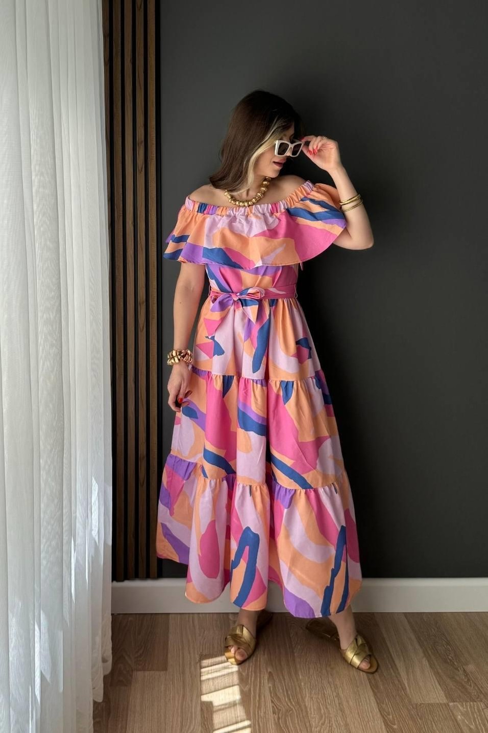 Günlük ElbiseMadonna Yaka Desenli Uzun Elbise 6473 Pembe
