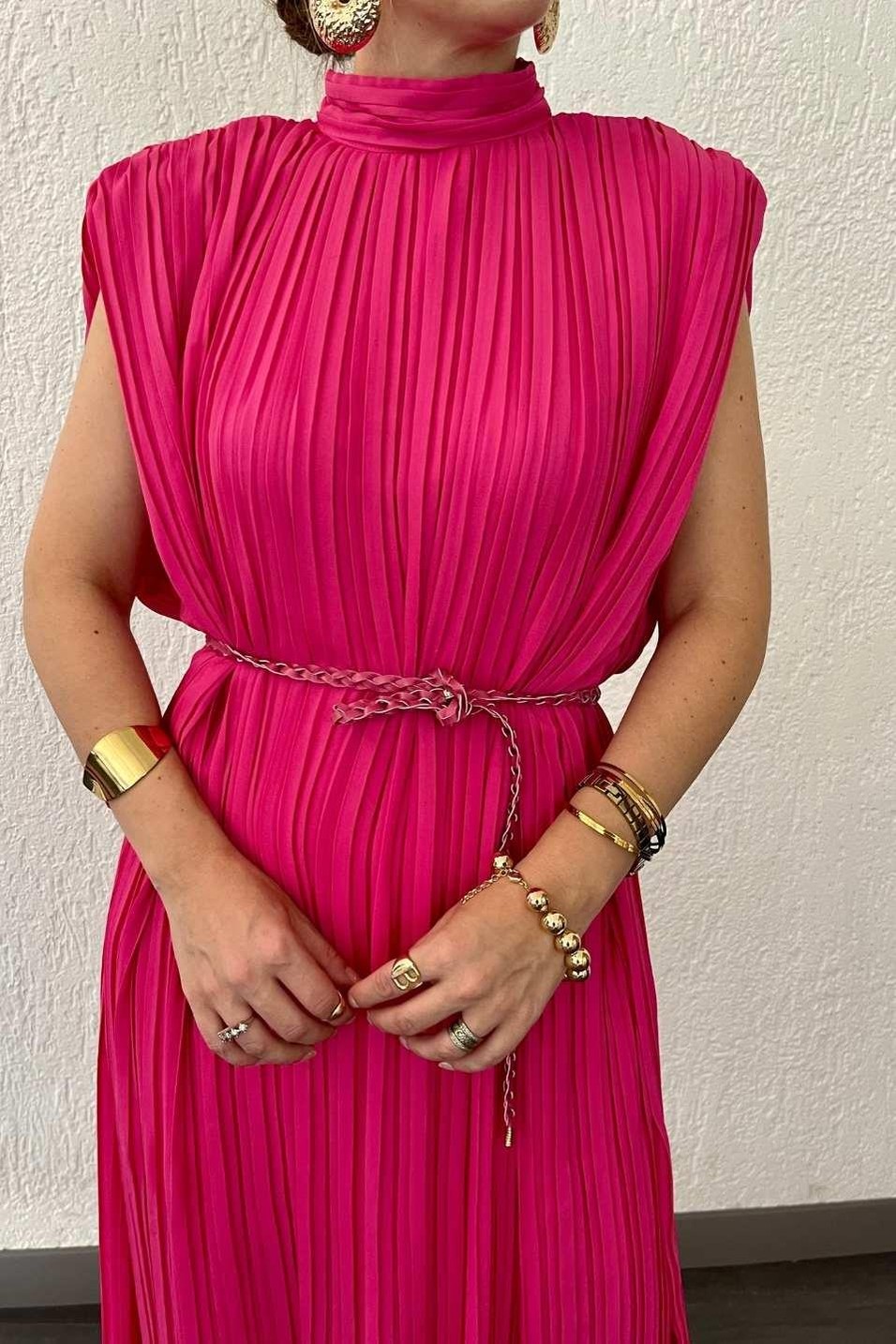 Günlük ElbisePileli Kemerli Uzun Elbise Pembe