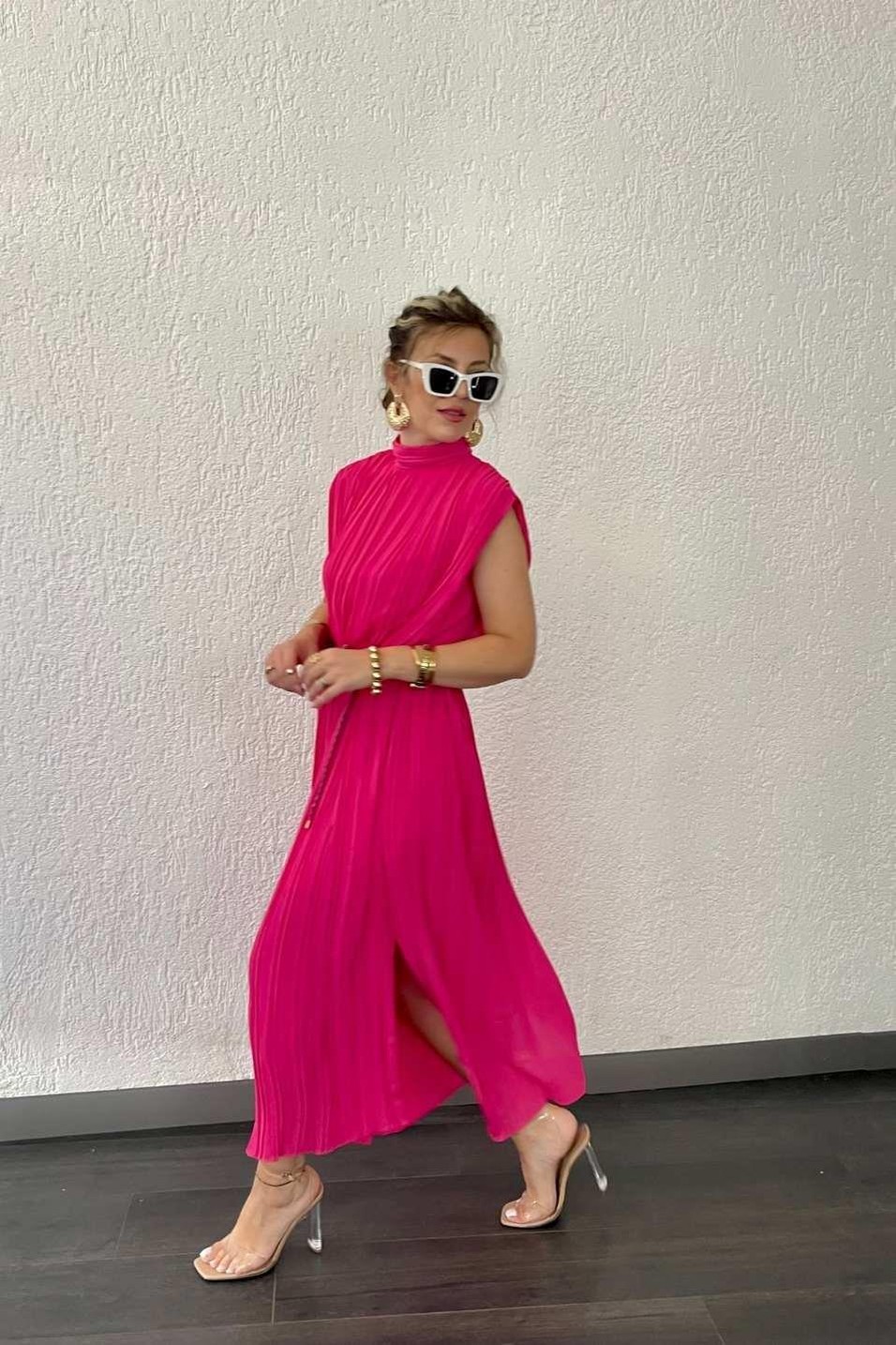 Günlük ElbisePileli Kemerli Uzun Elbise Pembe