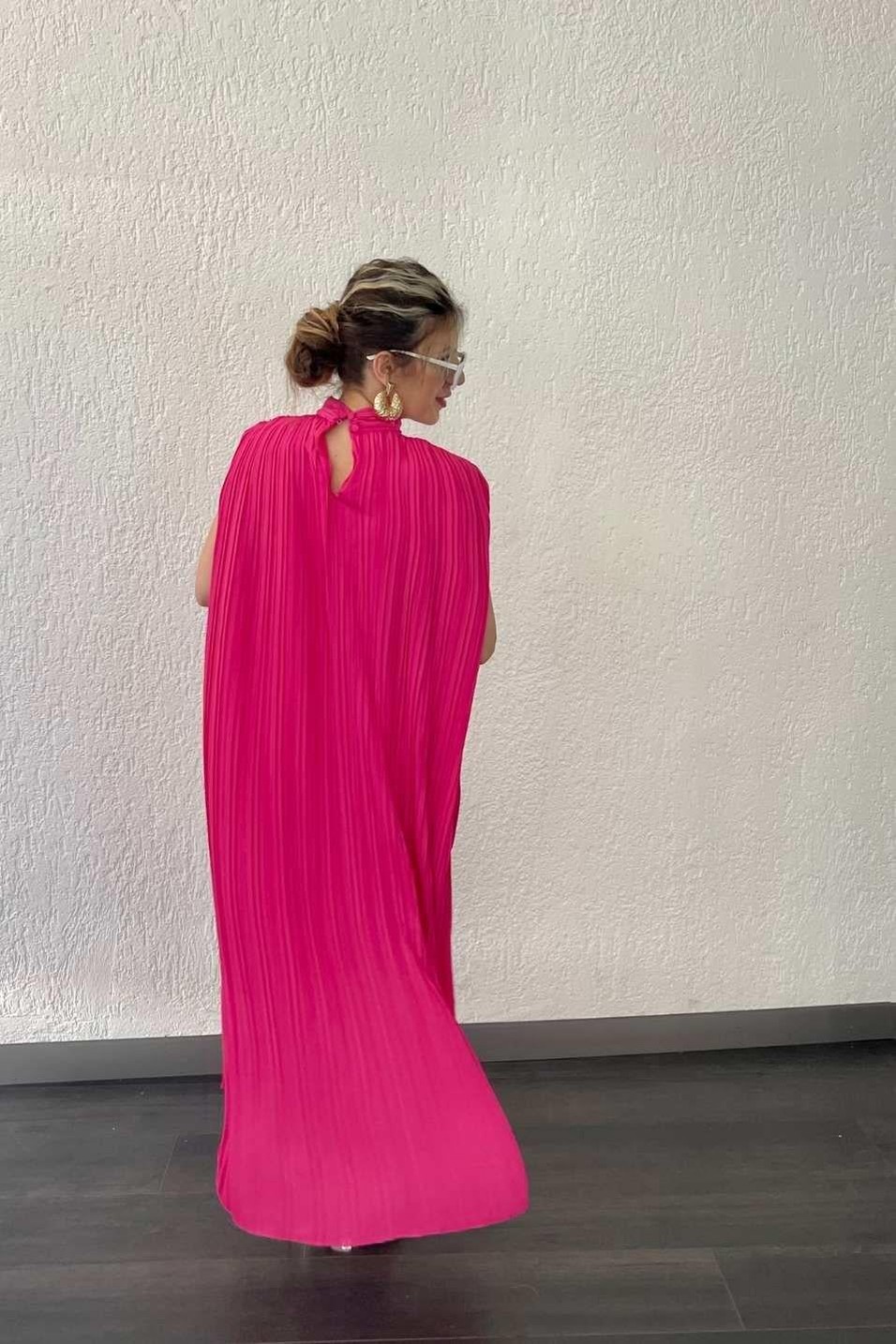 Günlük ElbisePileli Kemerli Uzun Elbise Pembe