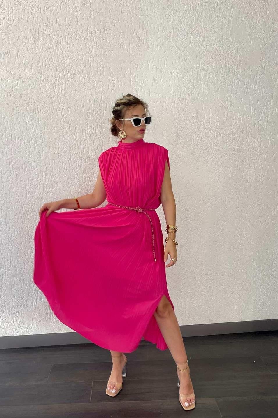Günlük ElbisePileli Kemerli Uzun Elbise Pembe