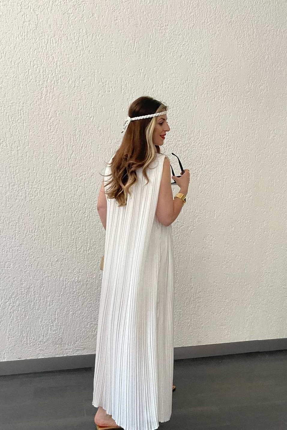 Günlük ElbisePileli Kemerli Uzun Elbise Beyaz