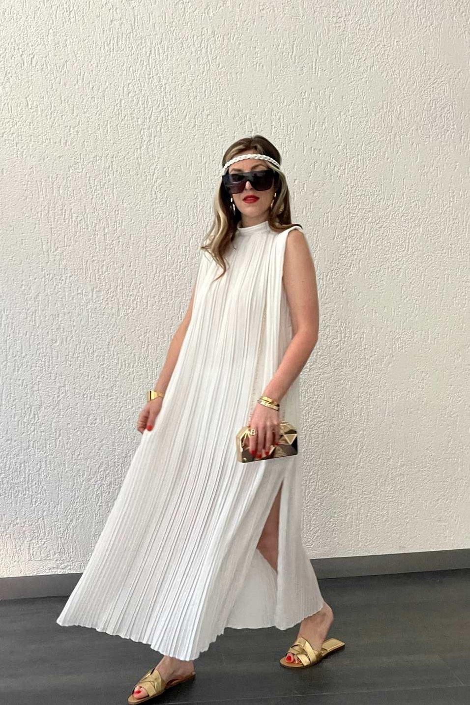 Günlük ElbisePileli Kemerli Uzun Elbise Beyaz
