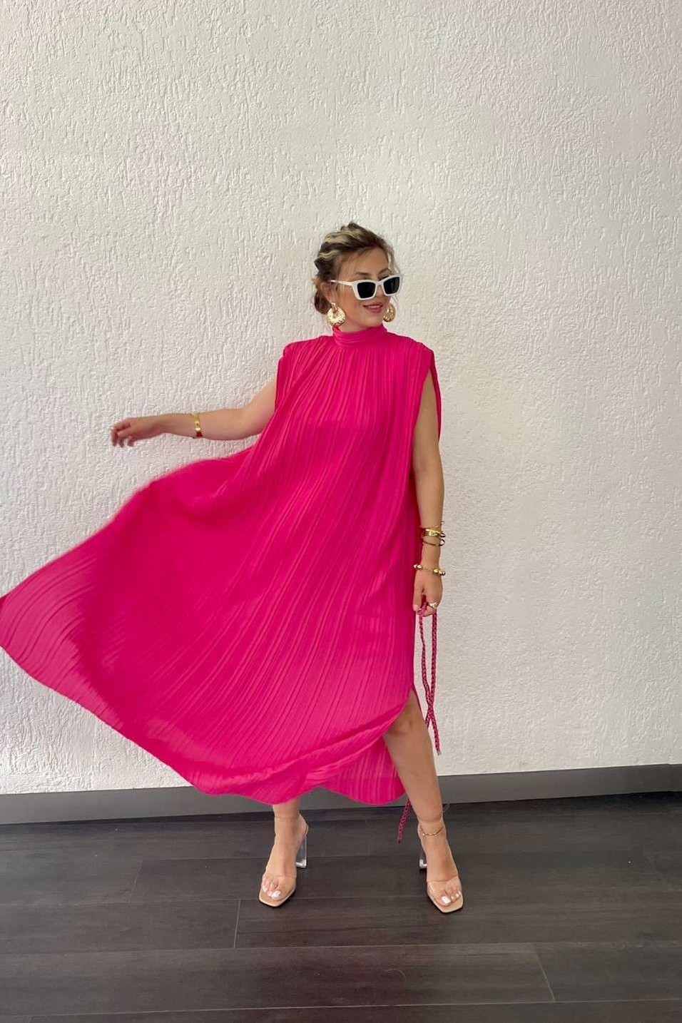 Günlük ElbisePileli Kemerli Uzun Elbise Pembe