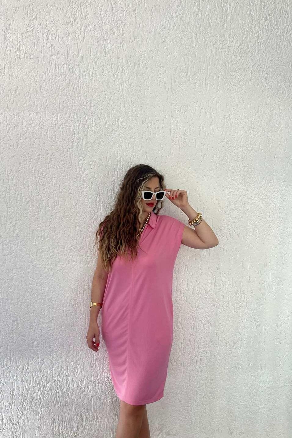 Günlük ElbisePolo Yaka Elbise Pembe