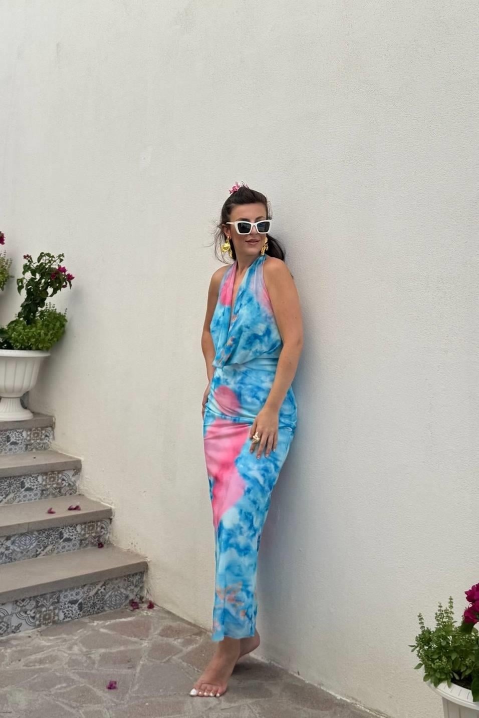 Günlük ElbiseSolara Drapeli Dekolteli Elbise Pembe