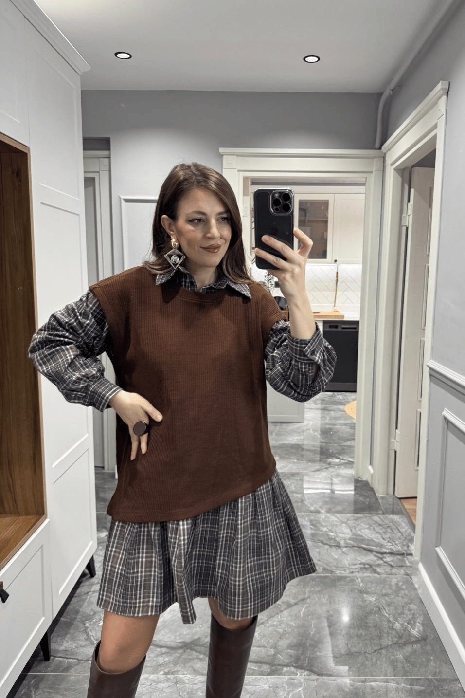 Günlük ElbiseSüveterli Vintage Elbise Kahverengi-Bej