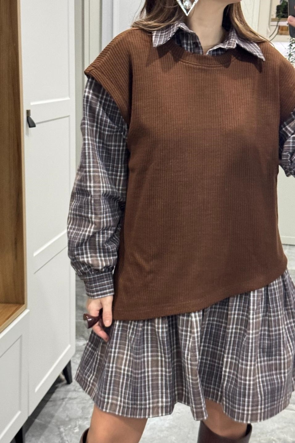 Günlük ElbiseSüveterli Vintage Elbise Kahverengi-Bej