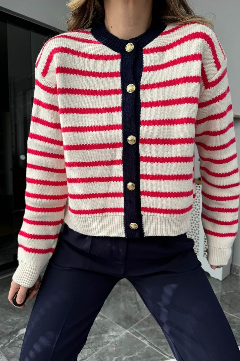 HırkaGold Düğmeli Çizgili Triko Hırka Multi Color