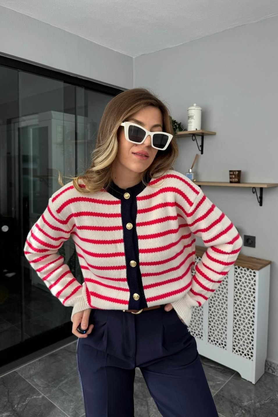 HırkaGold Düğmeli Çizgili Triko Hırka Multi Color