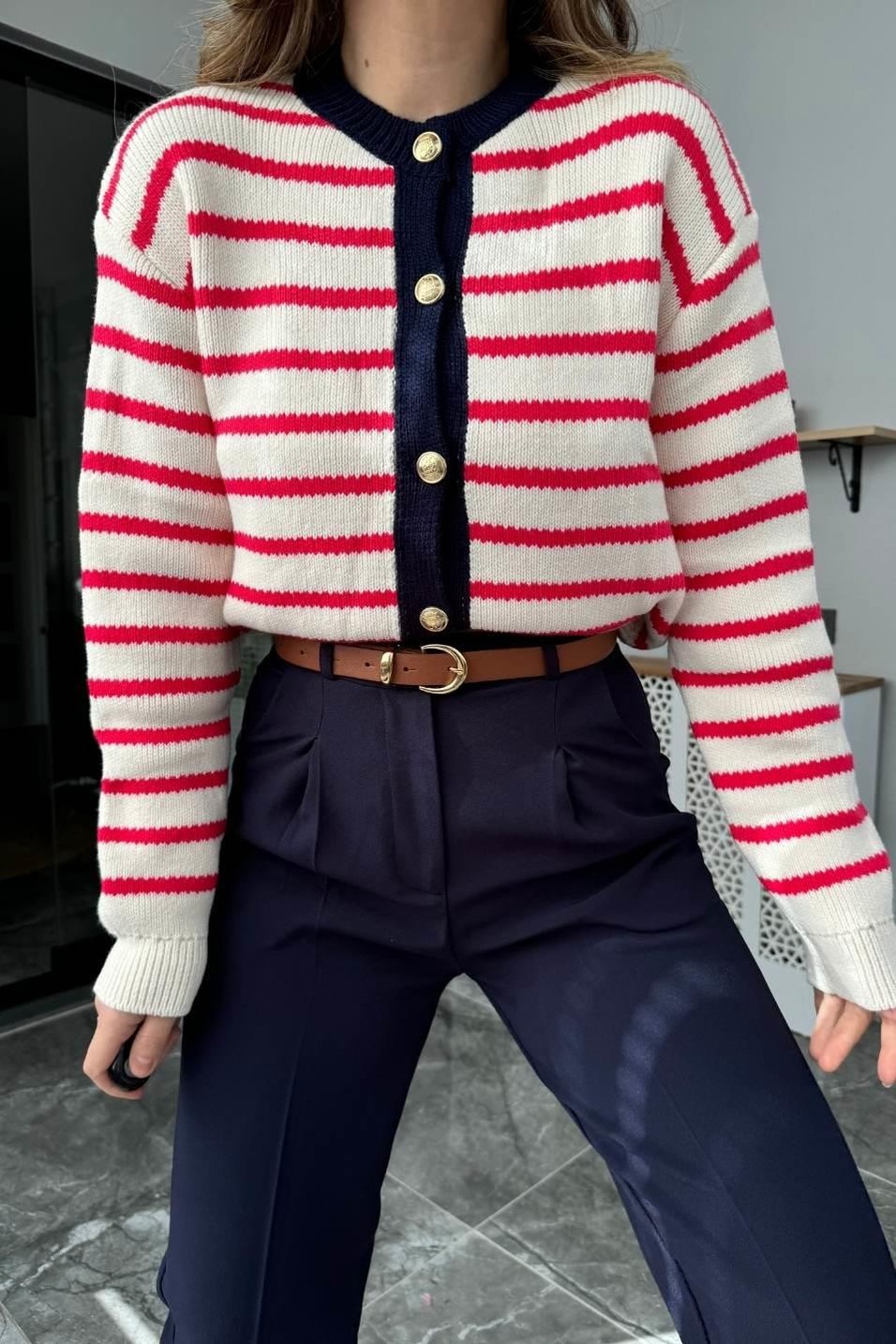 HırkaGold Düğmeli Çizgili Triko Hırka Multi Color