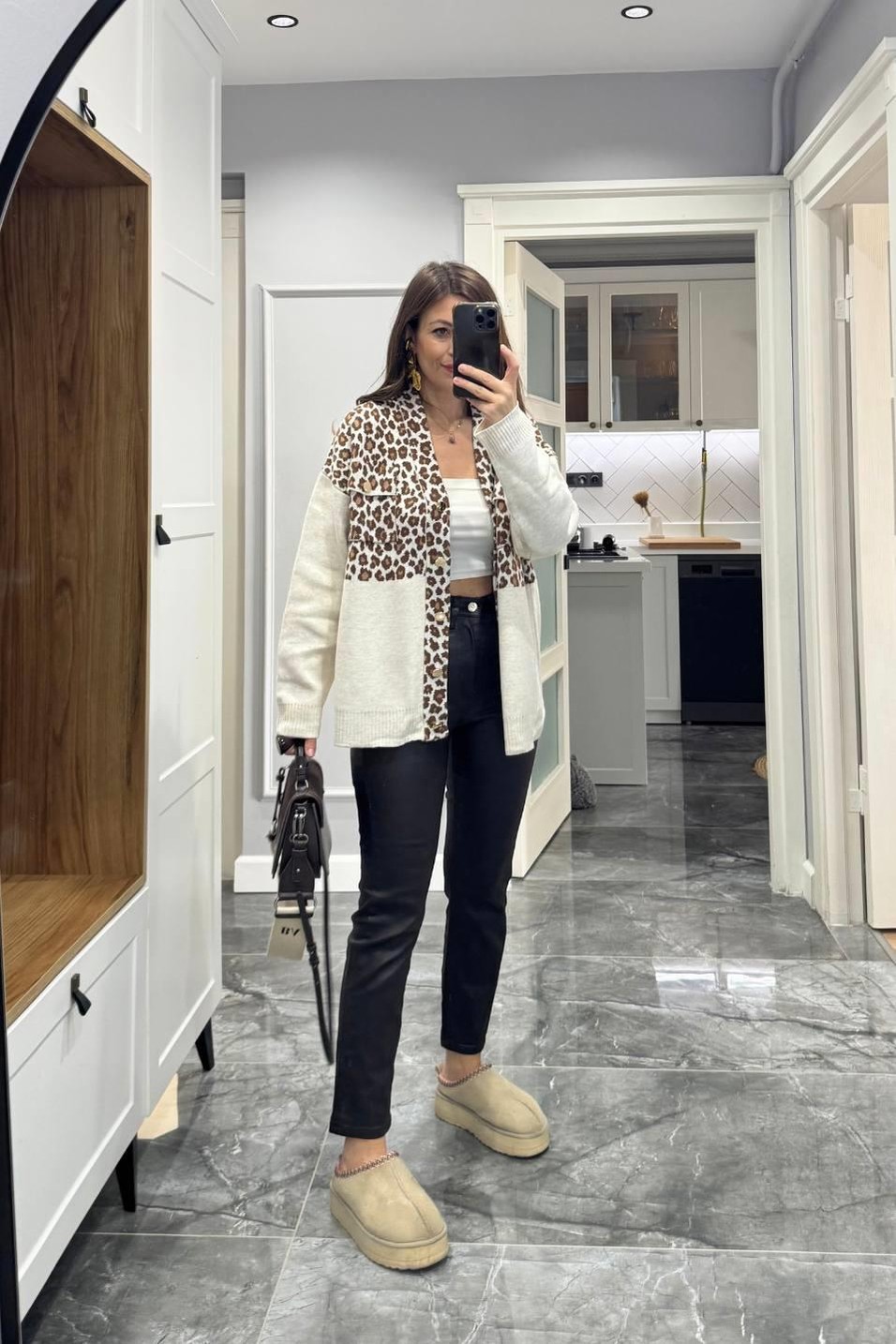 HırkaGold Düğmeli Leopar Desen Hırka Kahverengi-Bej