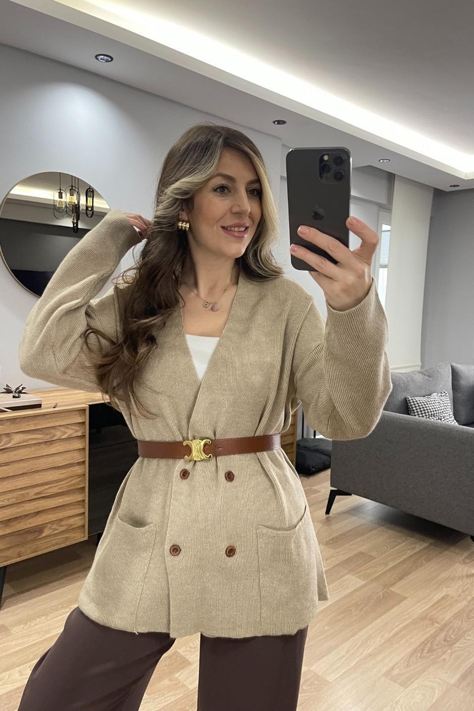 HırkaKruvaze Oversize Cepli Hırka Bej