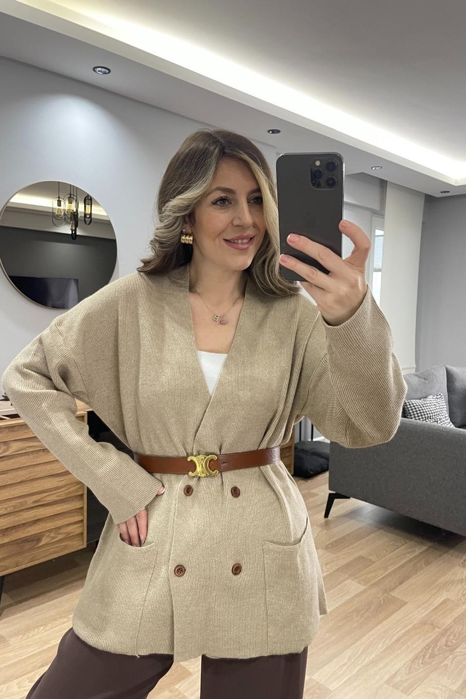 HırkaKruvaze Oversize Cepli Hırka Bej