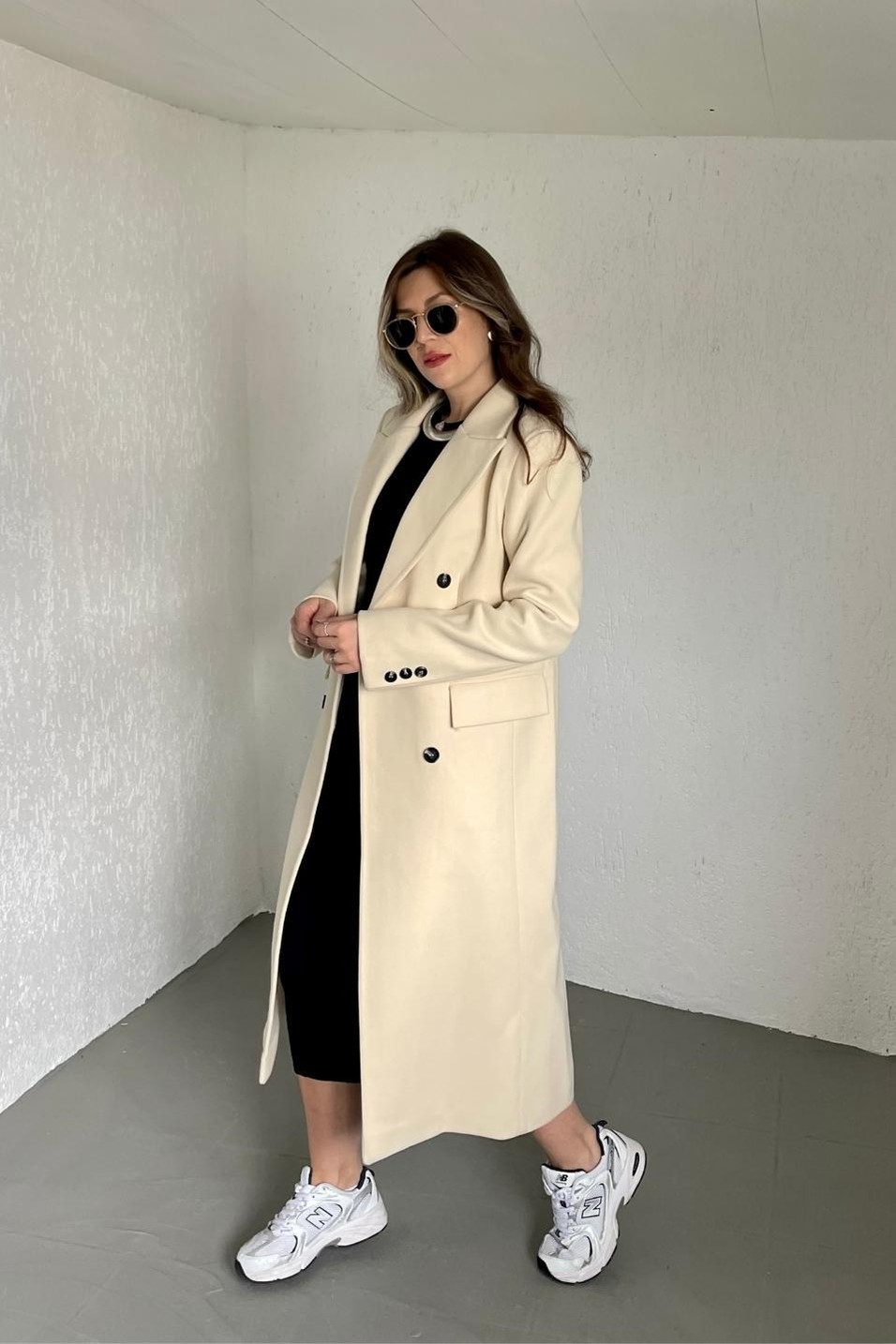 KabanÇift Cepli Yırtmaçlı Slim Fit Kaban Krem