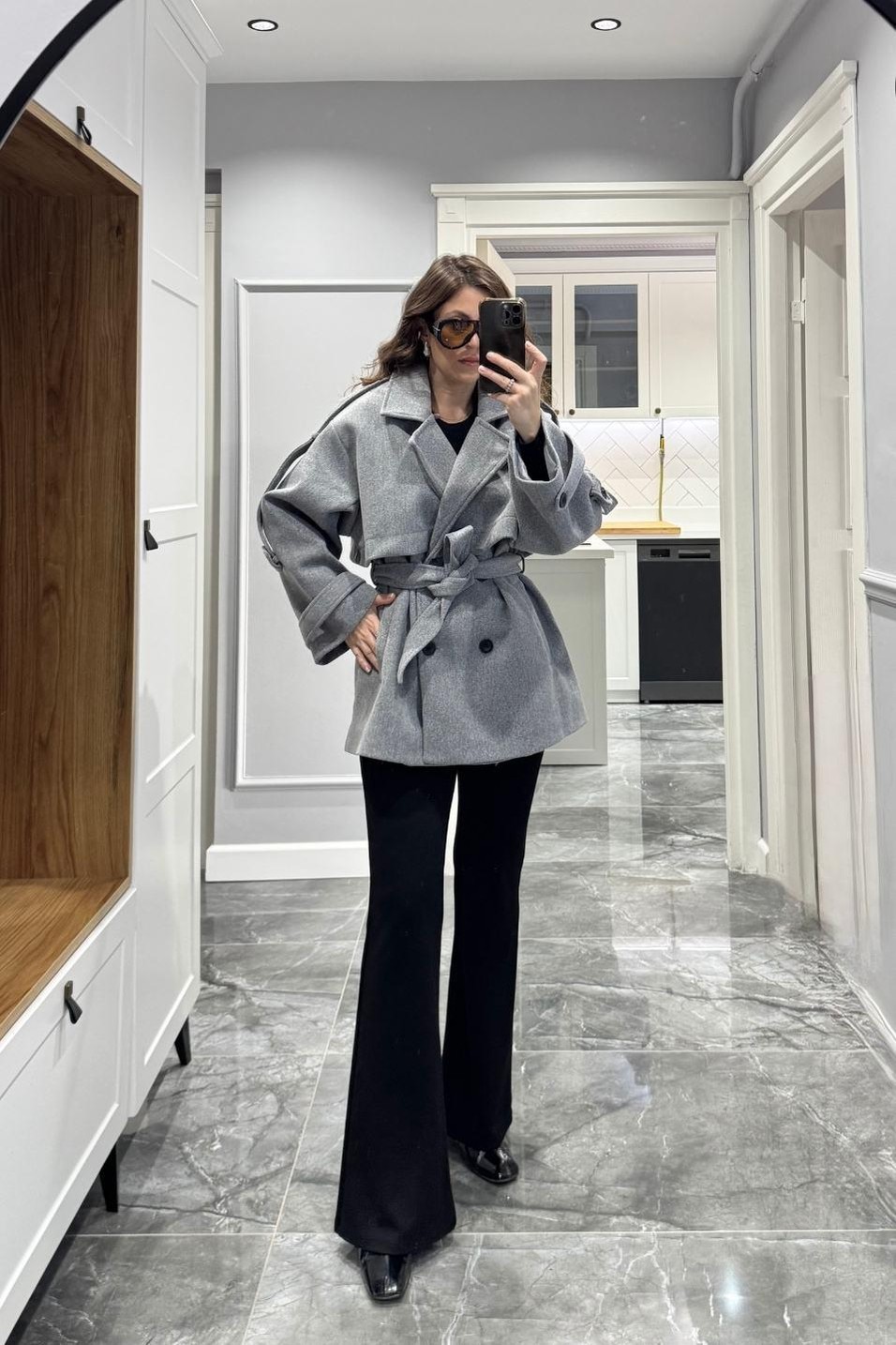 KabanPremium Trenç Model Kaşe Kaban Gri