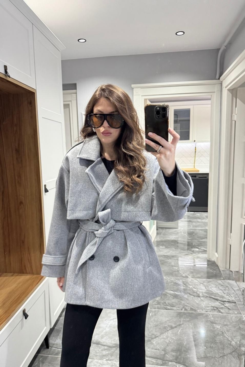 KabanPremium Trenç Model Kaşe Kaban Gri