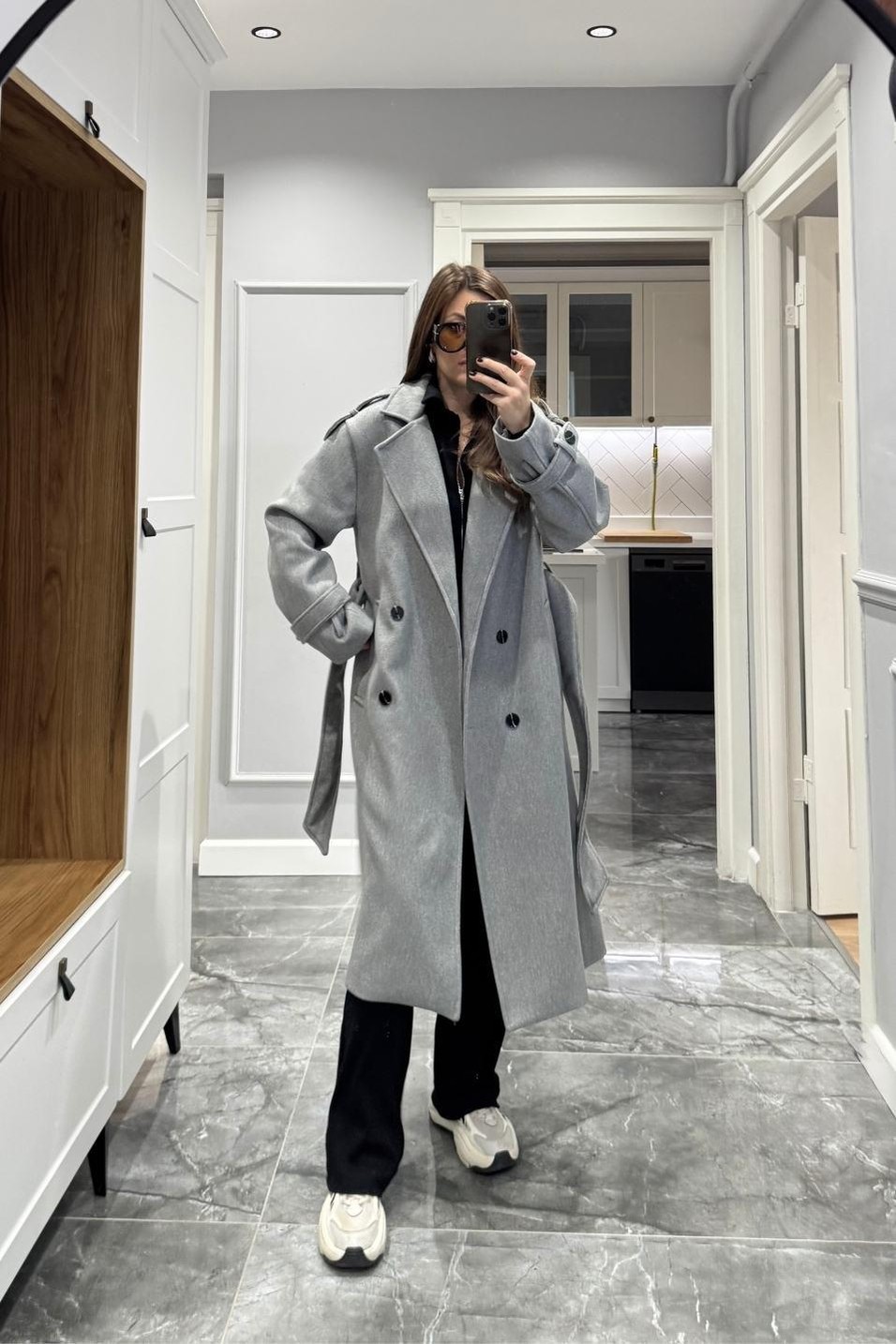 KabanPremium Uzun Kaşe Kaban Gri