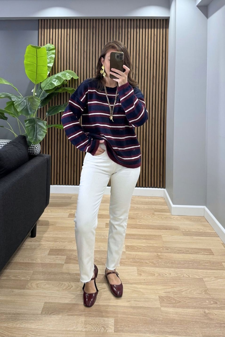 KazakMila Çizgili Oversize Triko Kazak Lacivert-Bordo