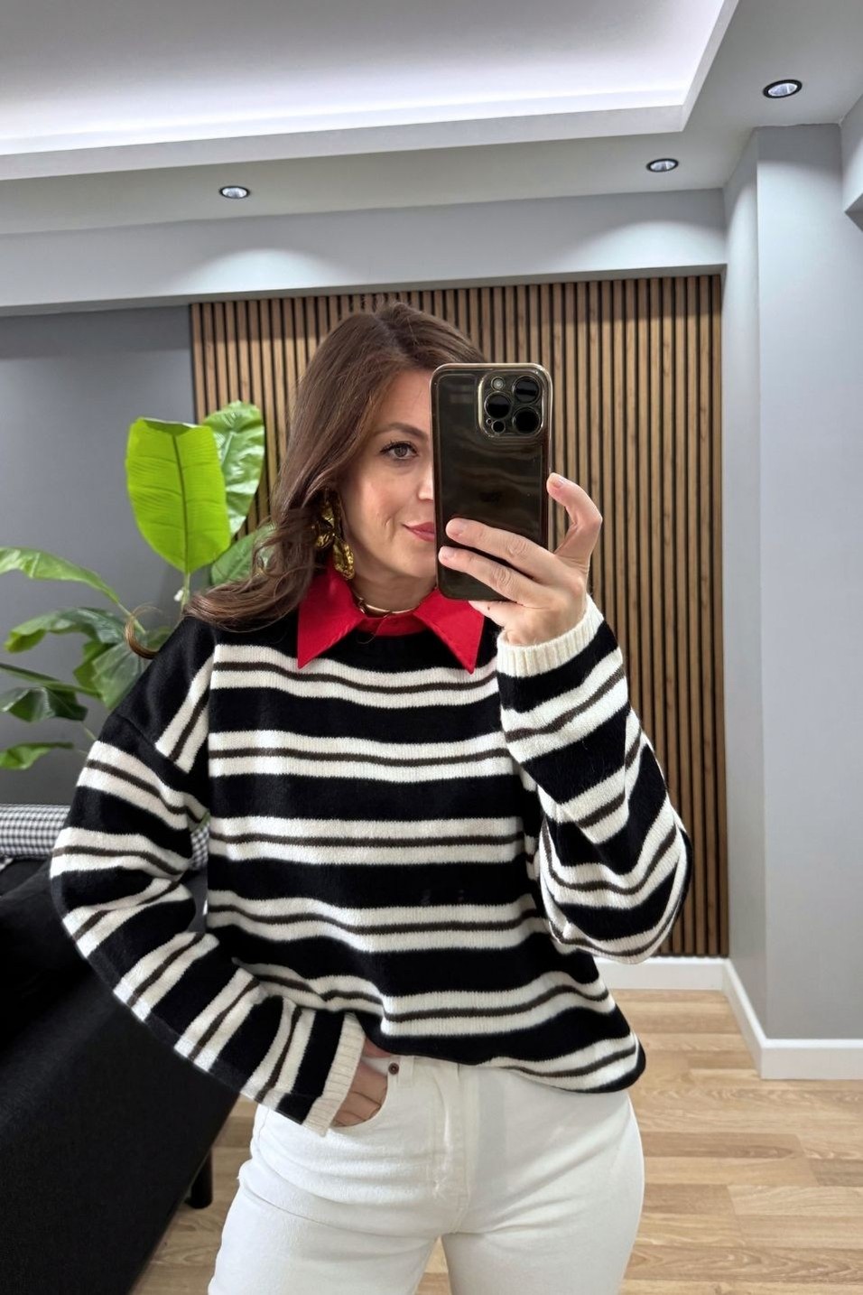 KazakMila Çizgili Oversize Triko Kazak Siyah-Krem