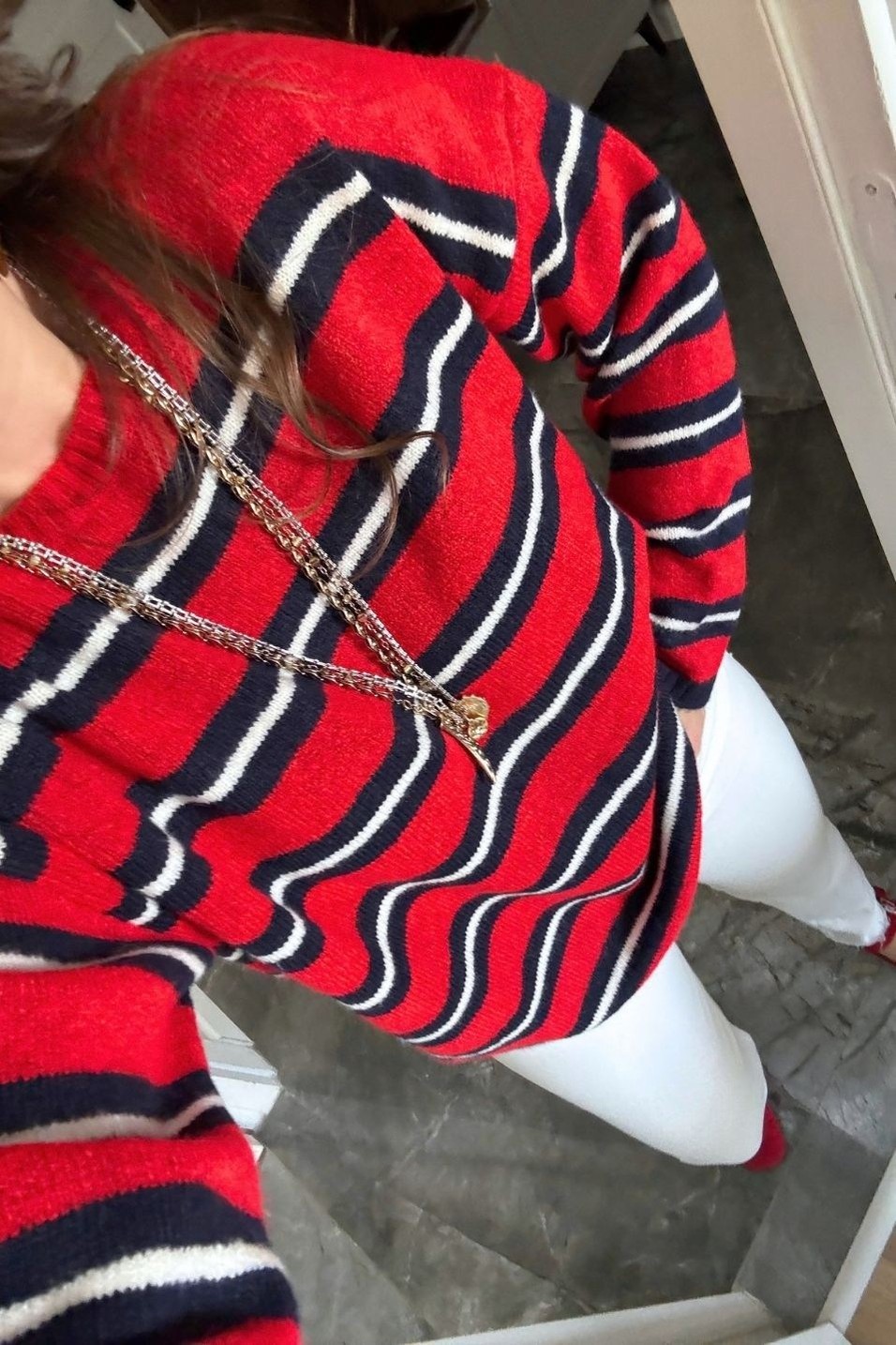 KazakMila Çizgili Oversize Triko Kazak Kırmızı-Lacivert