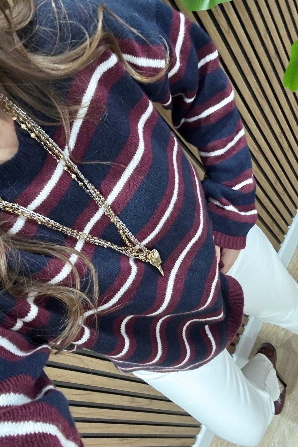 KazakMila Çizgili Oversize Triko Kazak Lacivert-Bordo