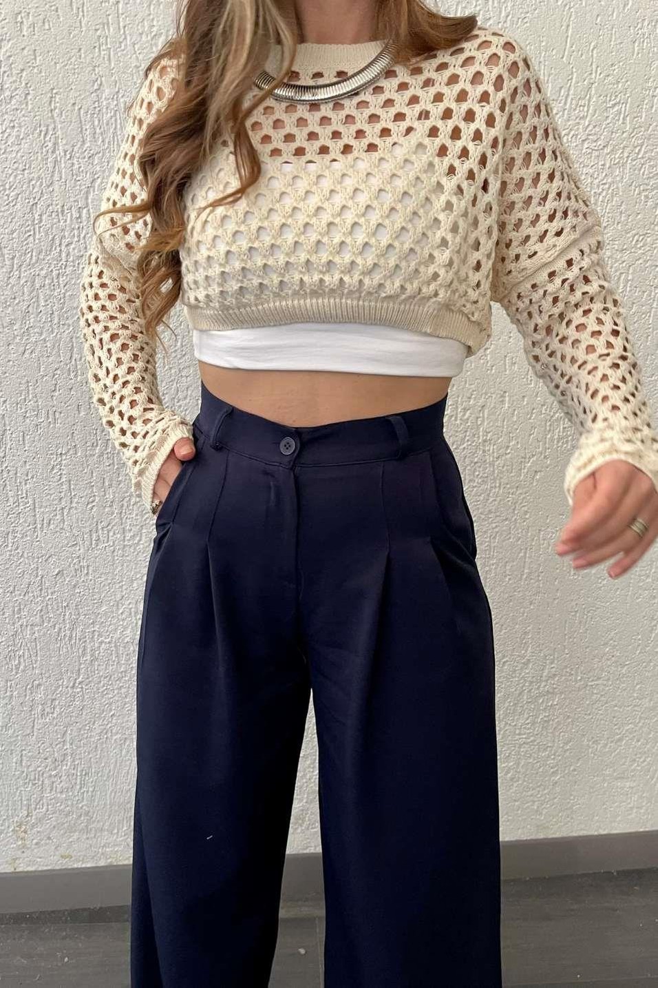 KazakQuzu File Triko Crop Krem