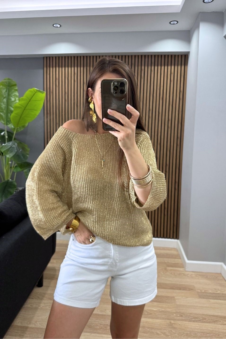 KazakSimli Işıltılı Triko Bluz Gold