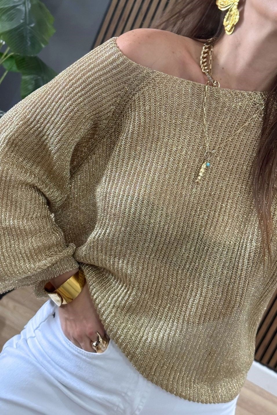 KazakSimli Işıltılı Triko Bluz Gold
