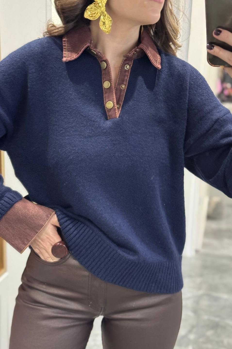 KazakYaka Denim Detaylı Premium Kazak Lacivert-Kahve