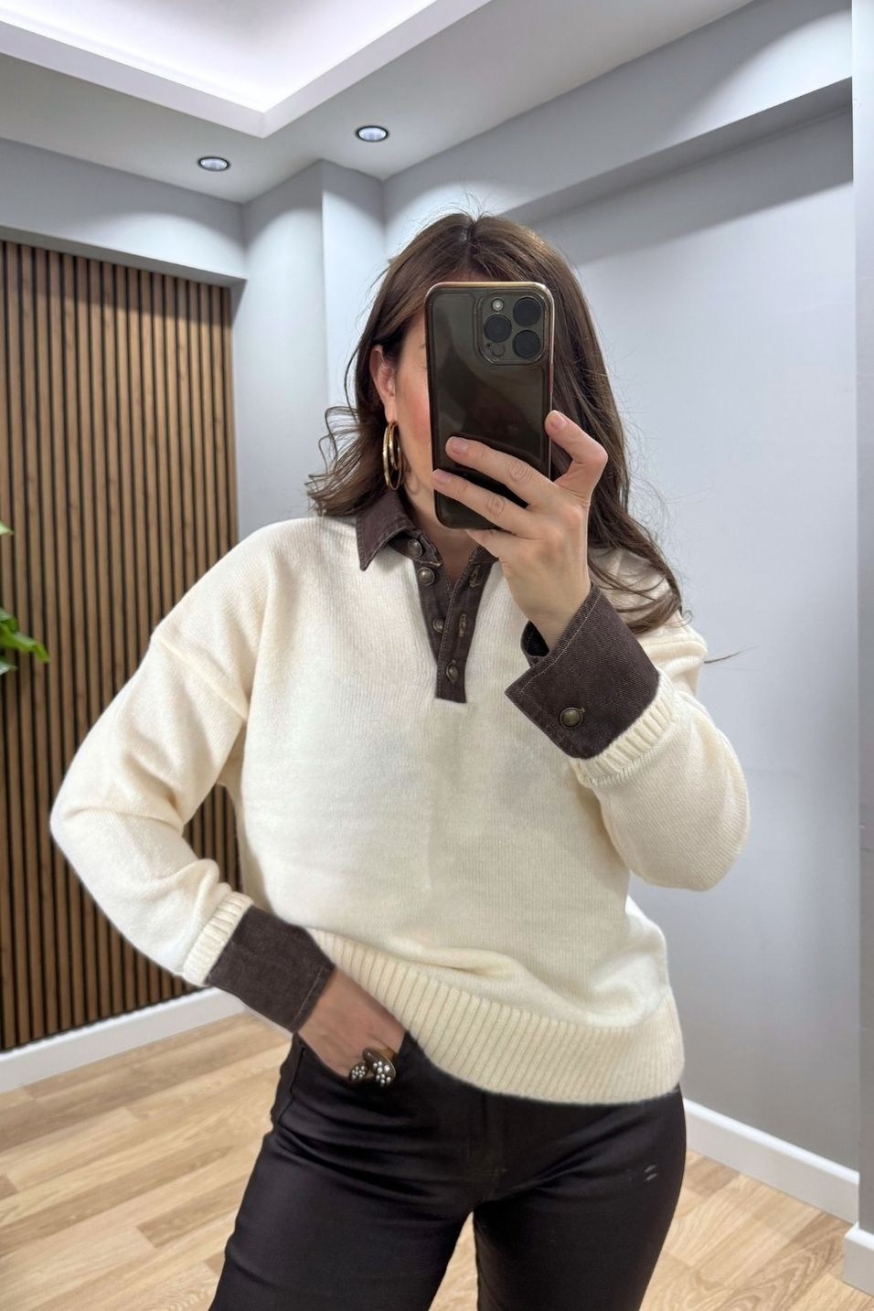 KazakYaka Denim Detaylı Premium Kazak Ekru
