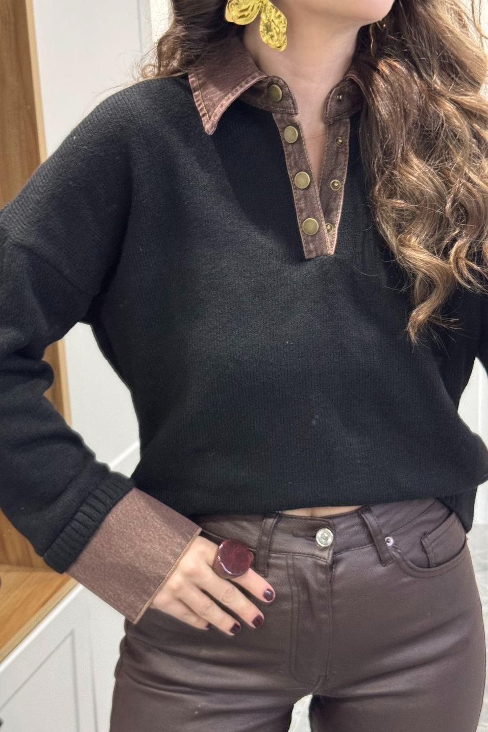 KazakYaka Denim Detaylı Premium Kazak Siyah-Kahverengi