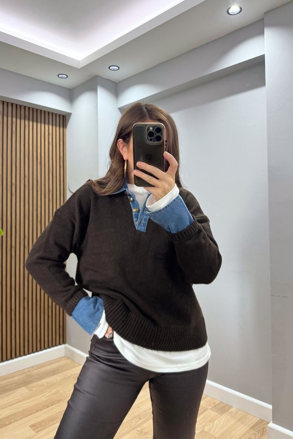 KazakYaka Denim Detaylı Premium Kazak Koyu Kahve