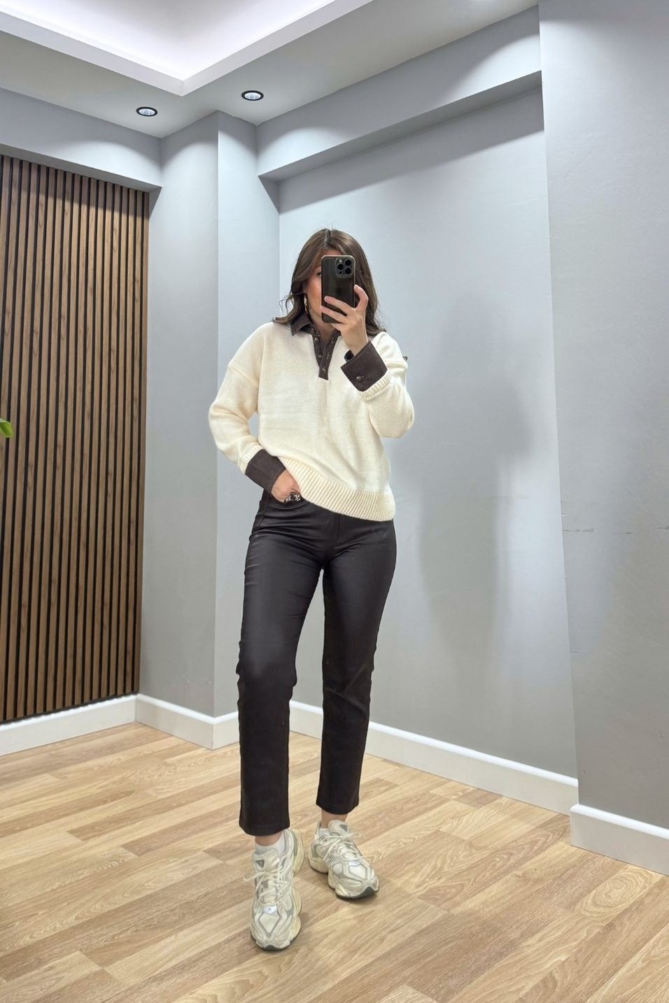 KazakYaka Denim Detaylı Premium Kazak Ekru
