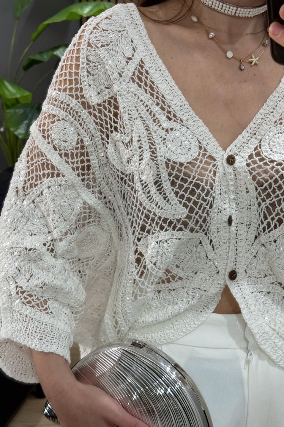 KimonoLuna Pullu File Triko Kimono Ekru
