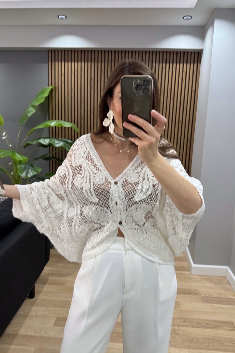 KimonoLuna Pullu File Triko Kimono Ekru