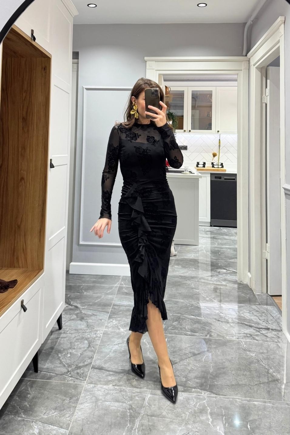 Klasik ElbiseNakışlı Astarlı Tül Elbise Siyah