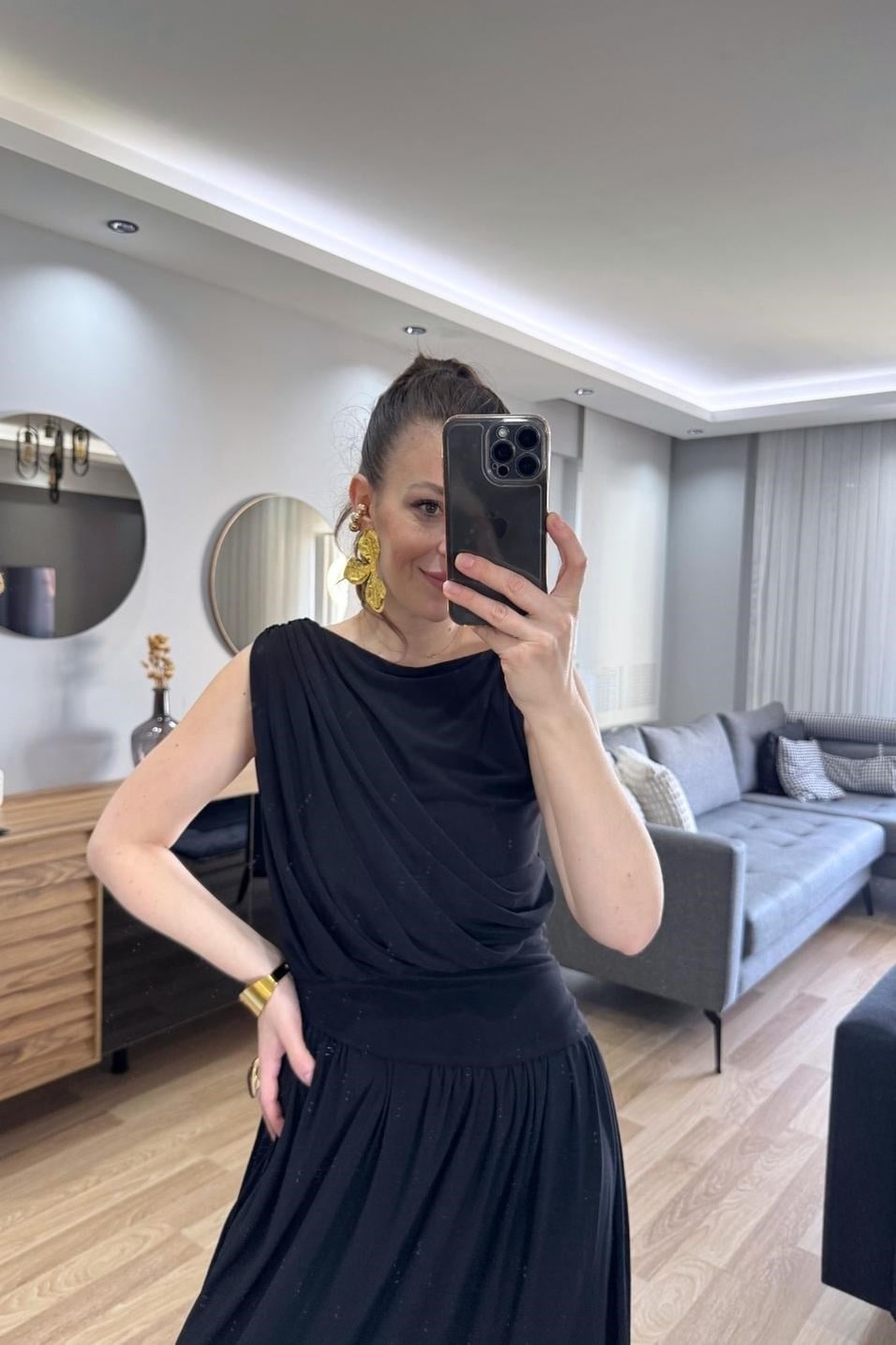 Klasik ElbiseNoirelle Drapeli Midi Elbise Siyah