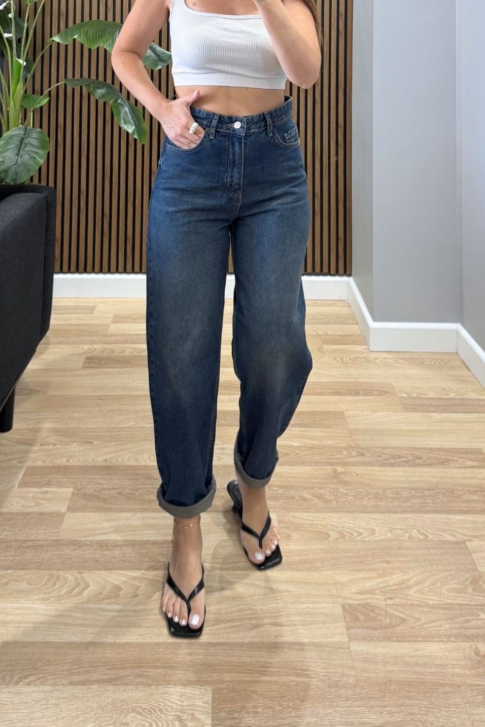 Kot PantolonBalon Fit Jean Taşlanmış Koyu Mavi