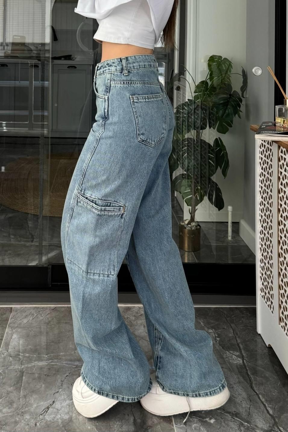 Kot PantolonBol Paça Kargo Cep Jean Mavi