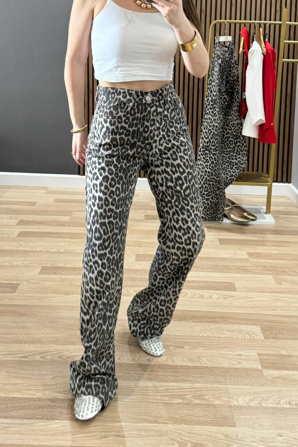 Kot PantolonLeopar Desen Palazzo Jean Kahverengi