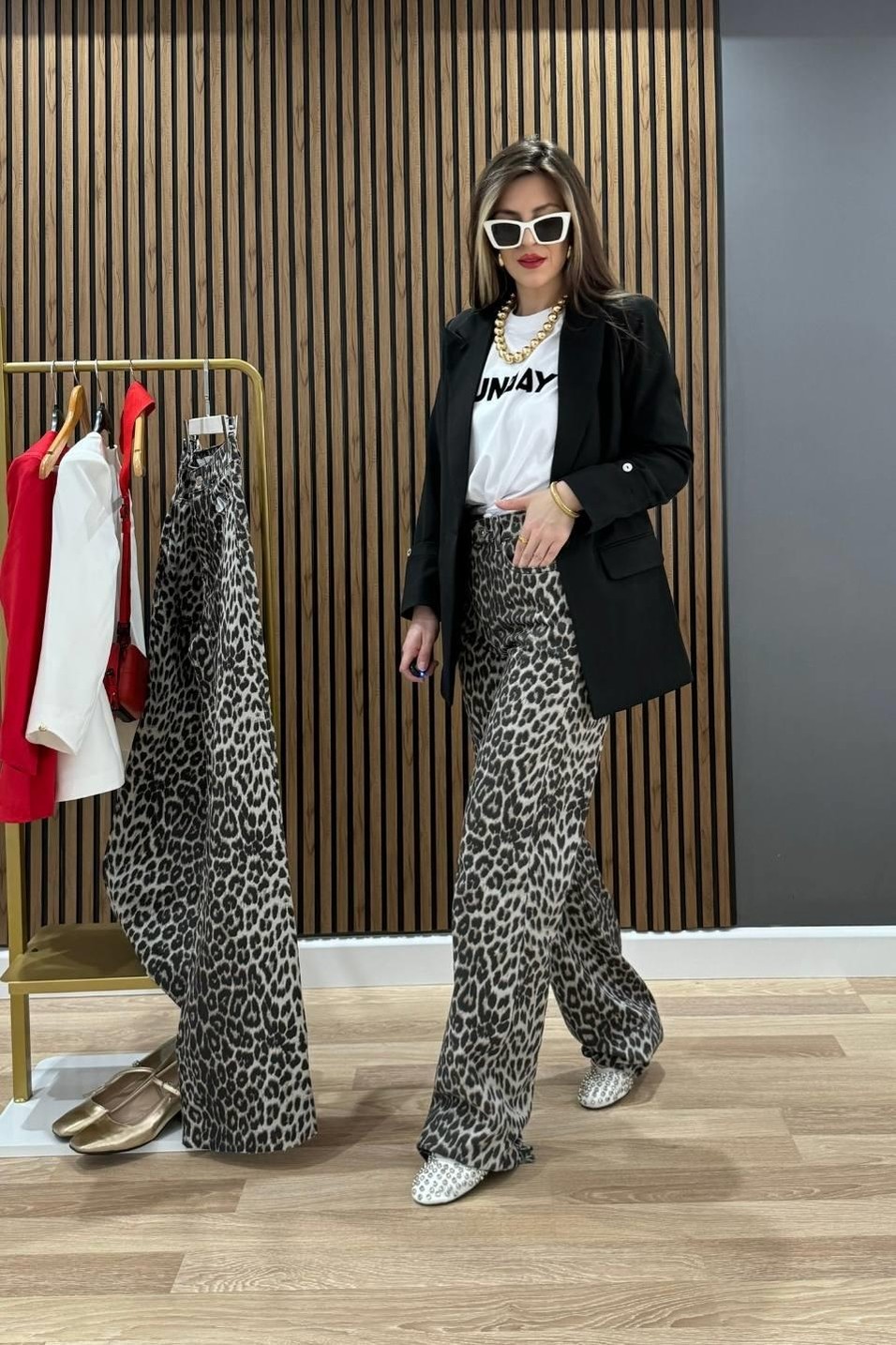 Kot PantolonLeopar Desen Palazzo Jean Kahverengi